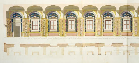 Verticale doorsnede van de tweede verdieping van de Raphael Loggia in het Vaticaan, uit 